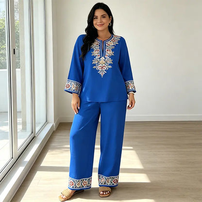 Conjunto de verano de dos piezas para mujer, confeccionado en lino: top holgado estampado y pantalón de pierna ancha, elaborados con un tejido suave, transpirable y agradable para la piel.