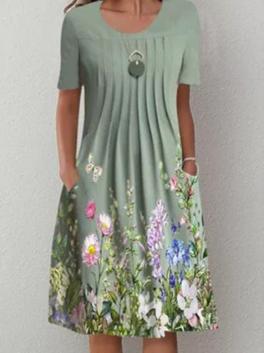 👗【40-120KG】Vestido de moda de verano con cuello redondo y estampado, transpirable, cómodo y que estiliza la figura.