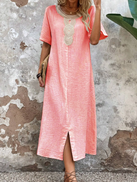 🧚‍♀️👗【Sleva 50 % 🔥】【S-3XL】💖Vestido de verano holgado para mujer con escote redondo, confeccionado en algodón puro y lino, con abertura.