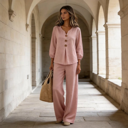 【Oferta limitada al 50%】Nuevo conjunto de mujer de dos piezas: blusa y pantalón con volantes, botones y escote en V