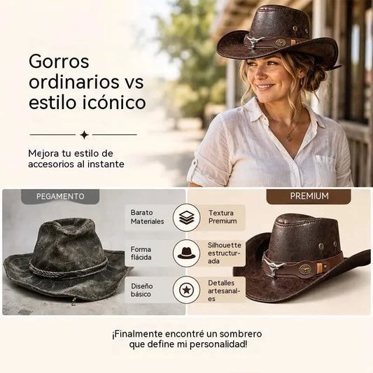 🤠¡Disfruta ahora de un 50% de descuento! 🌟Sombrero vaquero retro de ala ancha con correa para la capucha - Fedora estilo western desgastado