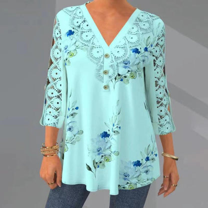 🔥 Último día con 50% de descuento【M–5XL】Elegante camisa de mujer estampada con cuello en V y diseño calado transpirable.