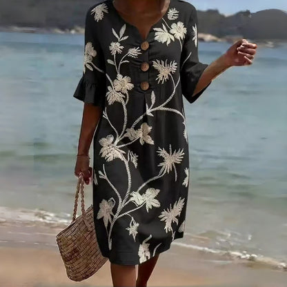 【S-3XL】Vestido de mujer estampado de algodón y lino, mangas abullonadas, diseño con botones
