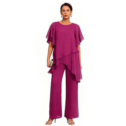 Elegante conjunto de chifón: Top asimétrico con volantes y pantalones de pierna ancha – Atuendo sofisticado para eventos, Tallas S-3XL