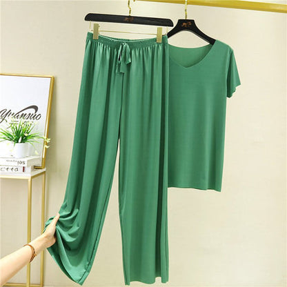 ❤️【M-4XL】Top de manga corta de seda suave + pantalones de pierna ancha❤️ Conjunto de dos piezas