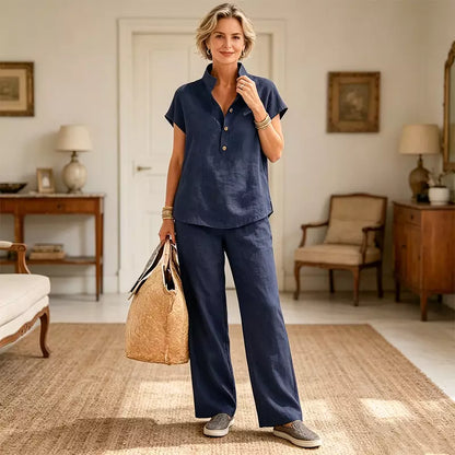 ✨Conjunto de lino y algodón para mujer: blusa de manga corta y pantalón de pierna ancha, estilo veraniego casual y elegante.