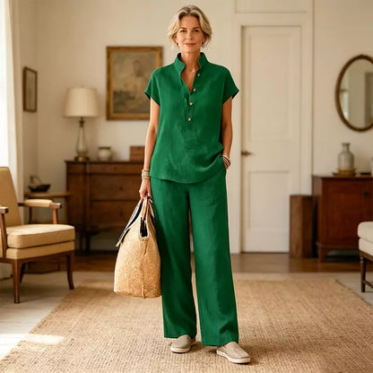 ✨Conjunto de lino y algodón para mujer: blusa de manga corta y pantalón de pierna ancha, estilo veraniego casual y elegante.