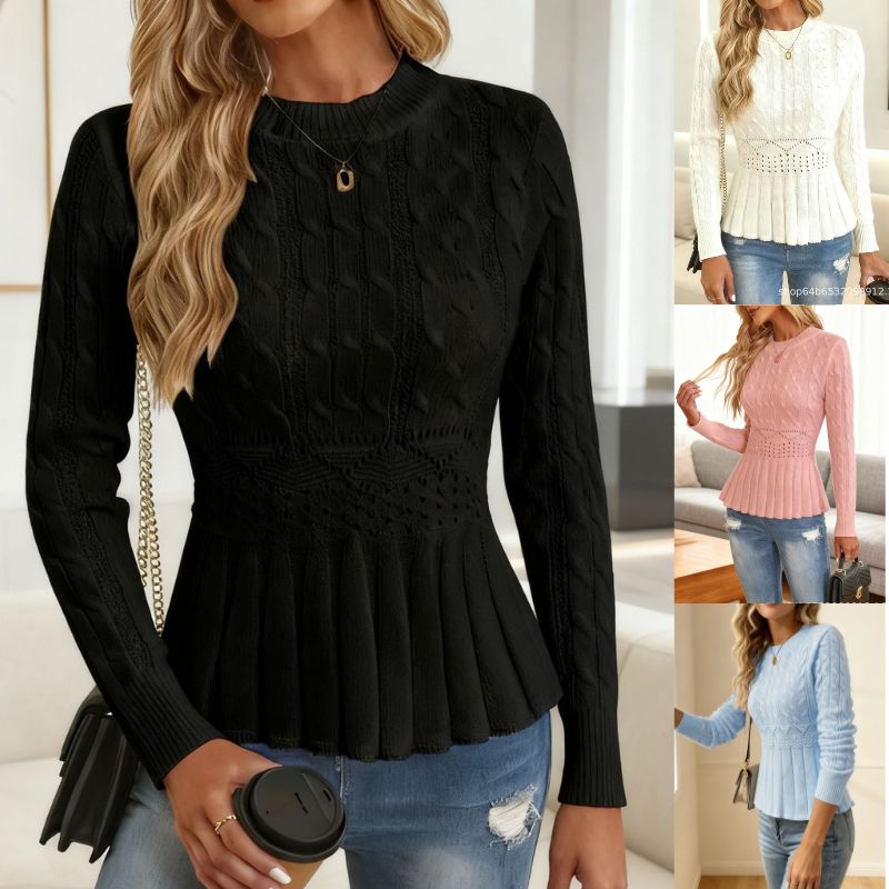 🔥Nuevo suéter de punto retro con cuello redondo y mangas largas para mujer - cintura estrecha, parte superior plisada