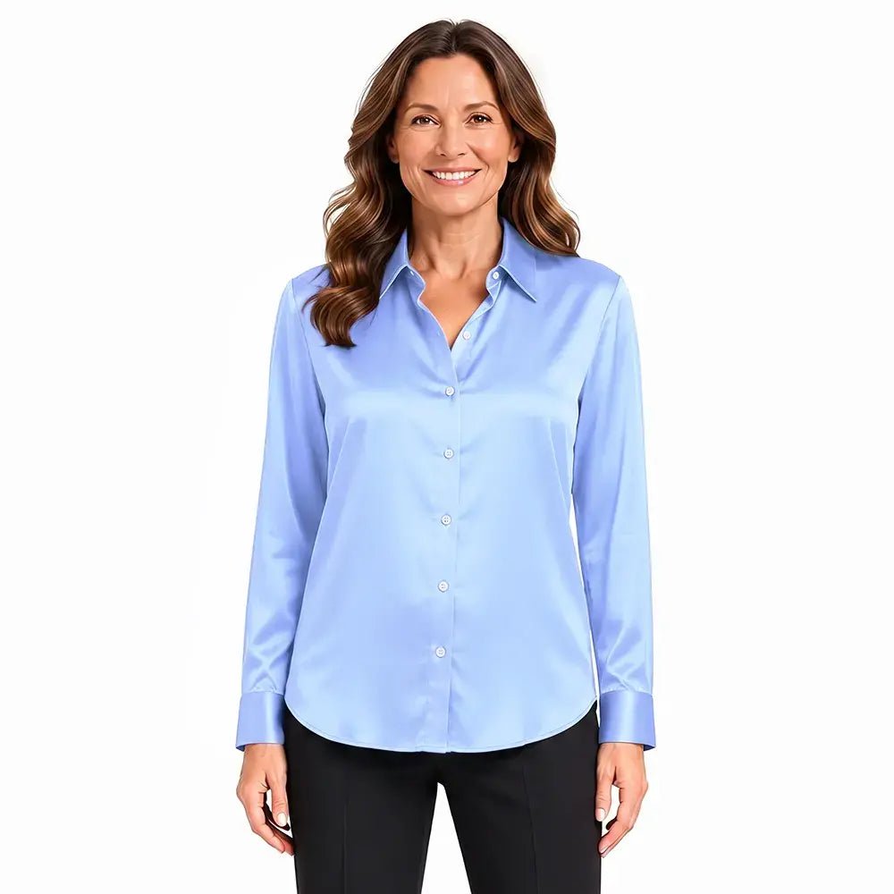 👚Blusa de satén de manga larga para mujer - Camisa de trabajo de talla grande de corte holgado - Ligera y elegante