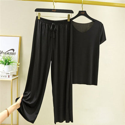 ❤️【M-4XL】Top de manga corta de seda suave + pantalones de pierna ancha❤️ Conjunto de dos piezas