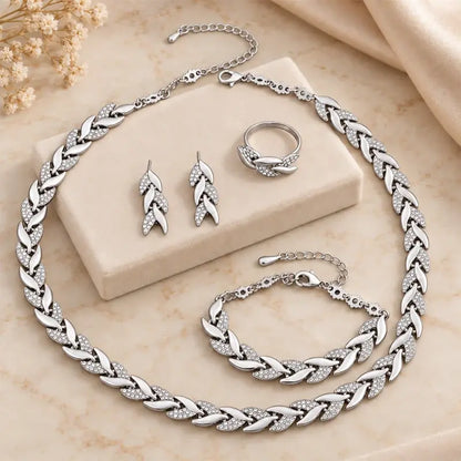 ✨💎 Set de Joyas de 4 Piezas para Mujer | Collar, Pulsera, Anillo y Pendientes con Diseño de Hojas y Circonitas