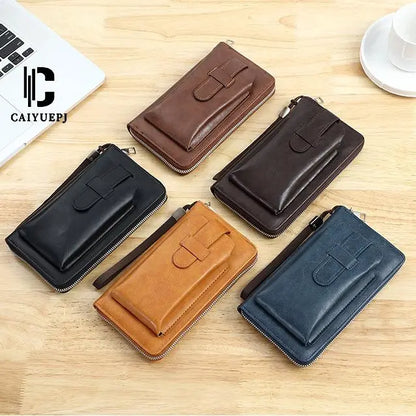 Cartera multifuncional para hombre de cuero genuino hecha a mano de nuevo estilo