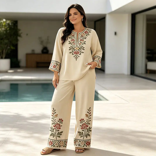 Conjunto de verano de dos piezas para mujer, confeccionado en lino: top holgado estampado y pantalón de pierna ancha, elaborados con un tejido suave, transpirable y agradable para la piel.