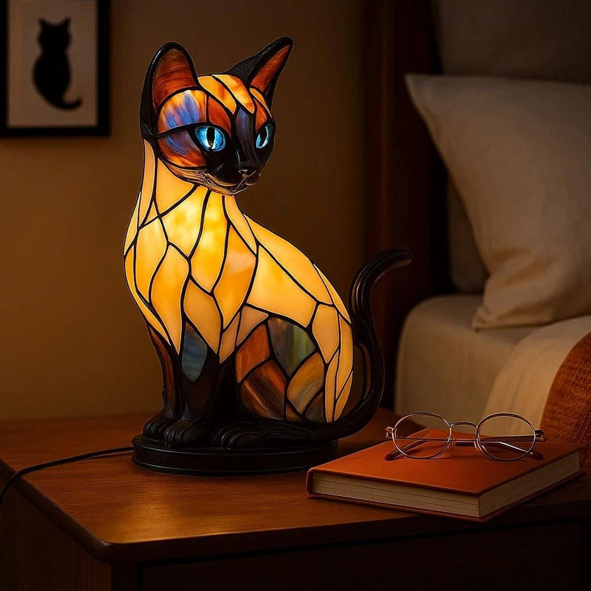 🐱Lámpara de mesa con forma de gato, lámpara de noche retro fabricada en resina de colores, con temática de gatos