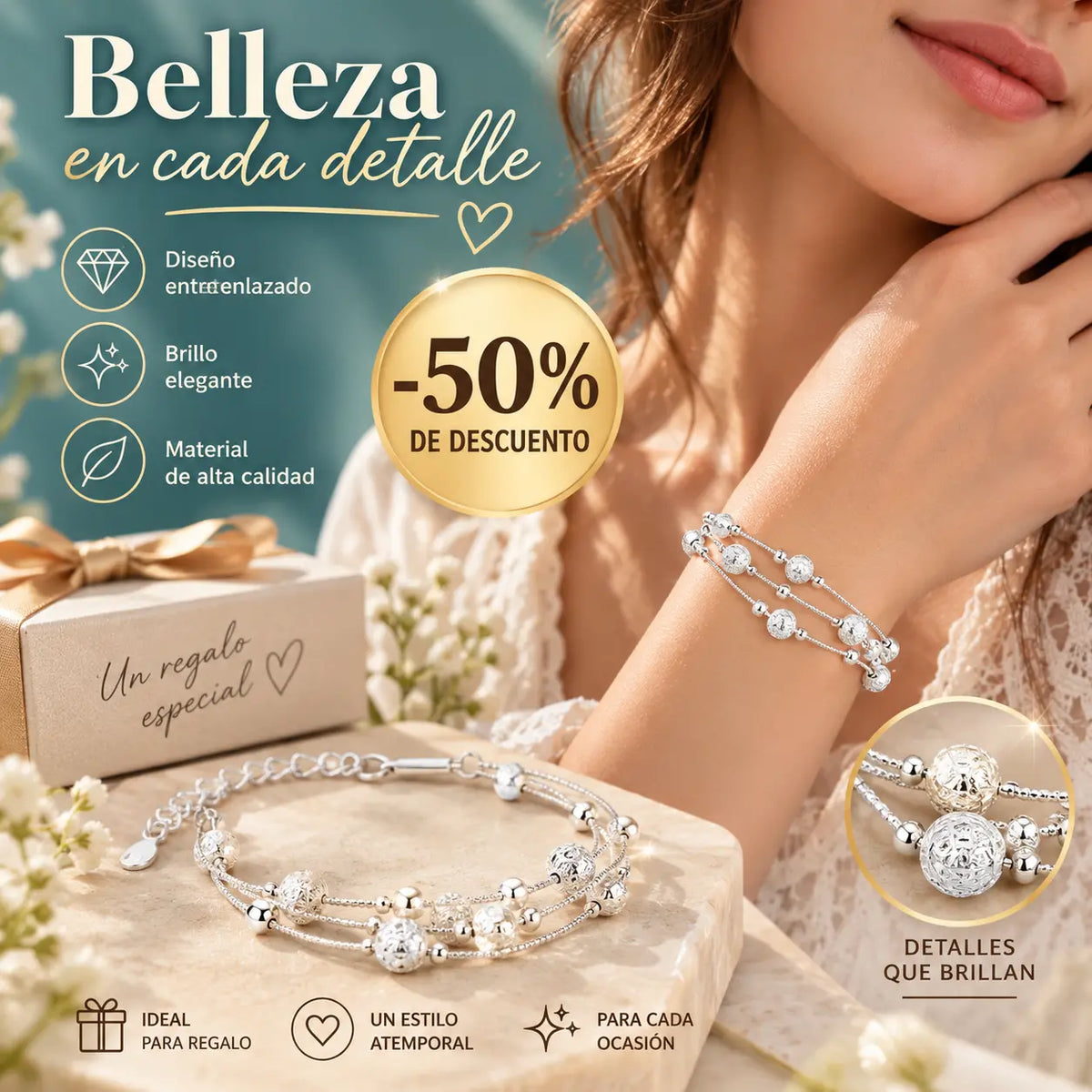✨✨Pulsera de cuentas de la suerte de plata 999 con diseño grabado