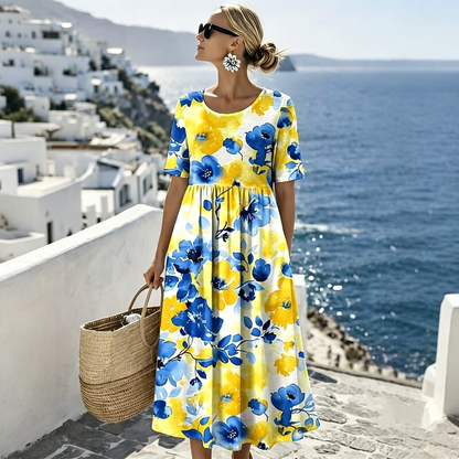 👗【S-4XL】2026 nyári hétköznapi mintás ruha, kerek nyakkal, zsebekkel – Utánvéttel elérhető!