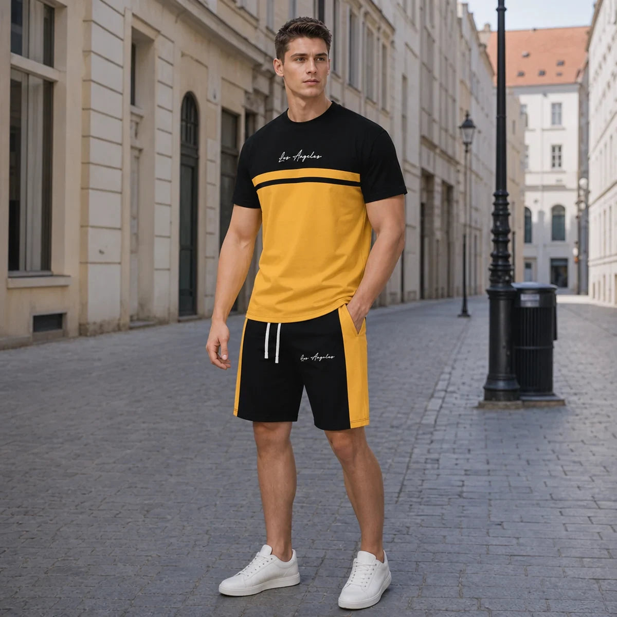 ✨【S-5XL】【Pago contra entrega】Conjunto deportivo de verano de 2 piezas para hombre: camiseta de manga corta y pantalones cortos cómodos, ideales para uso casual y estar en casa.