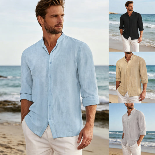 👔【M-3XL】Camisa informal de algodón y lino de color liso para hombre-Pago contra entrega