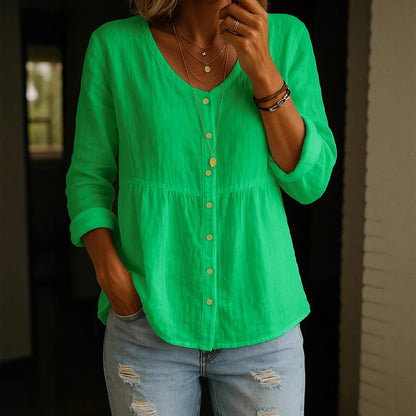 【S-3XL】Camisa de mujer de mezcla de lino y algodón con cuello en V