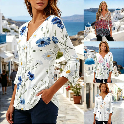 🔥【50% off en toda la tienda！！】🔥【S–5XL】Ropa casual cómoda para mujer: blusa con cuello en V y estampado floral