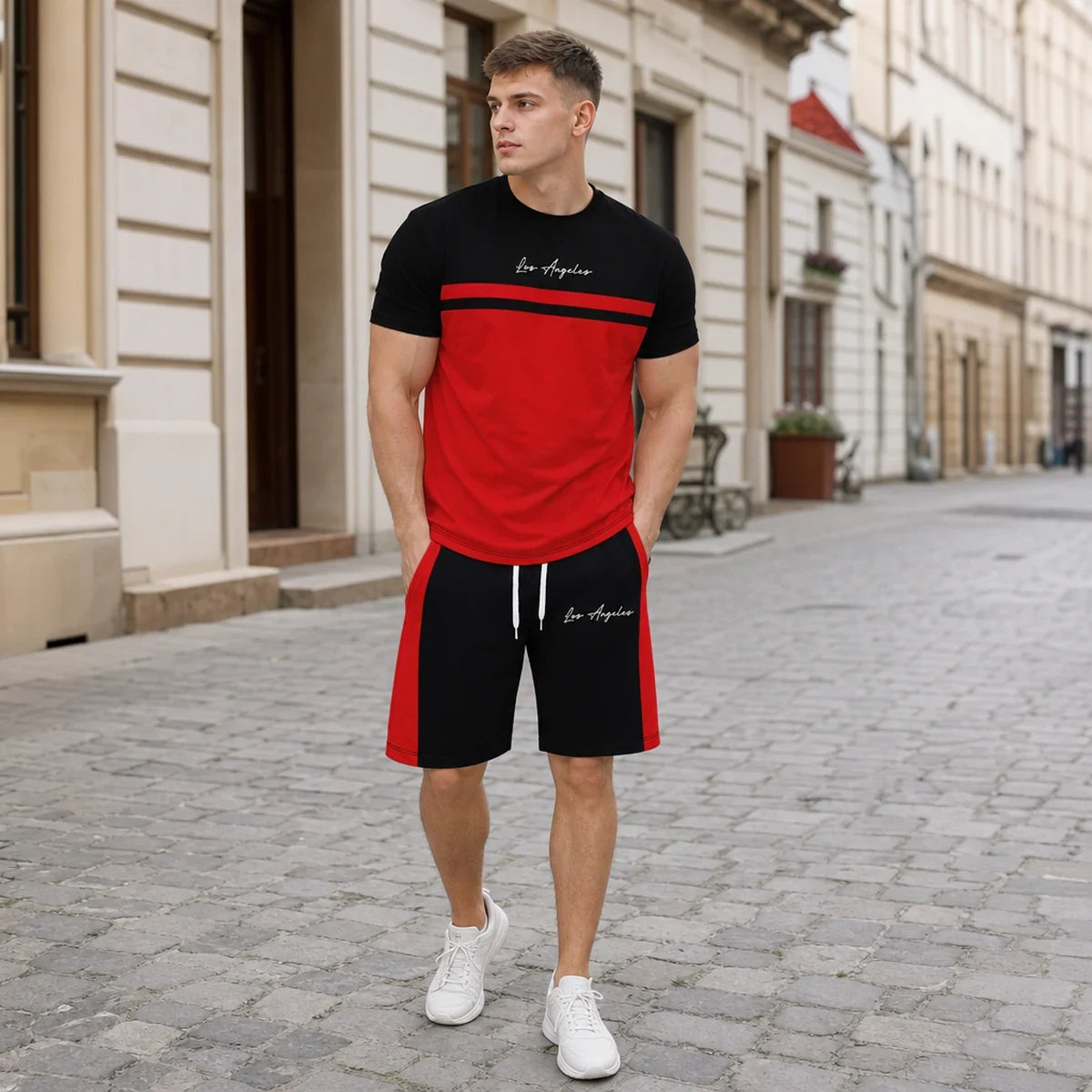 ✨【S-5XL】【Pago contra entrega】Conjunto deportivo de verano de 2 piezas para hombre: camiseta de manga corta y pantalones cortos cómodos, ideales para uso casual y estar en casa.