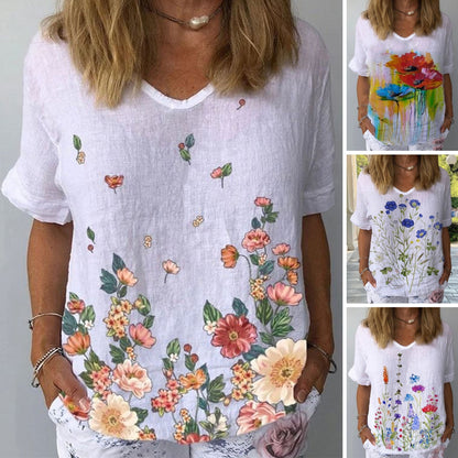 🔥【S-5XL】🌈 Bavlněné a lněné tričko s krátkým rukávem s květinovým potiskem💐