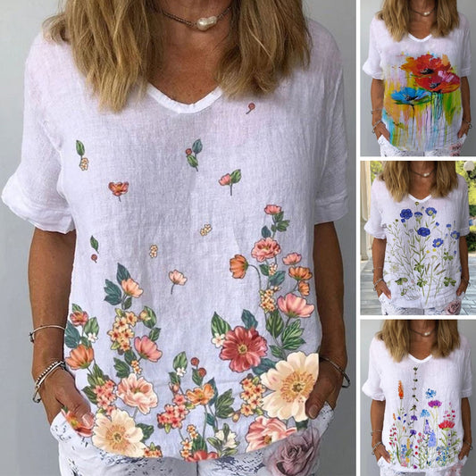 🔥【S-5XL】🌈 Bavlněné a lněné tričko s krátkým rukávem s květinovým potiskem💐