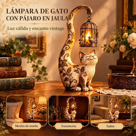 🐱💡Luz nocturna de estilo vintage – gato con una jaula para pájaros – decoración creativa para el jardín