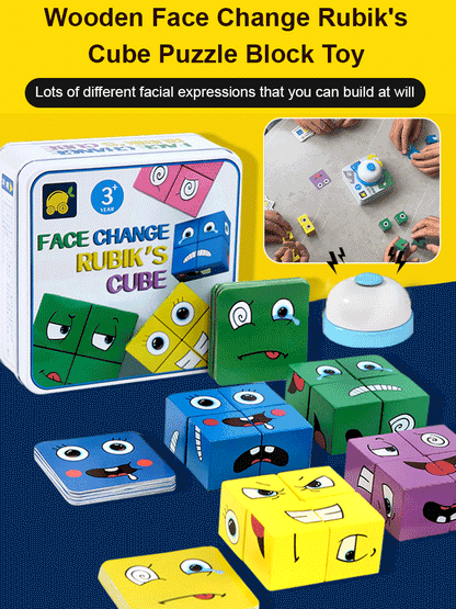 【16 bloques de construcción + 64 cartas + 1 campana】😄 Cubo de Caras Divertidas – Juego de Lógica y Retos para Niños