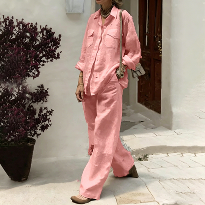 ✨😍【Camisa + Pantalón】(40-120 kg) Conjunto de dos piezas para mujer, corte holgado, algodón y lino, tejido transpirable ✅️Pago contra entrega ✅️2 artículos con 70% de descuento