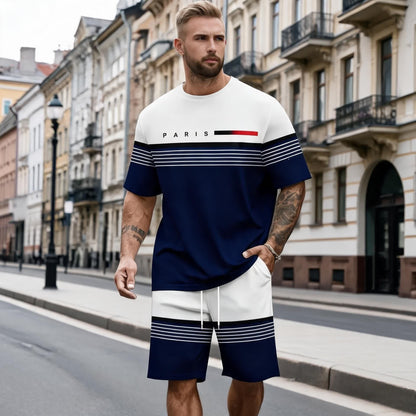 【S–5XL】Pánská ležérní a pohodlná sada trička s krátkým rukávem a šortek s potiskem písmen.