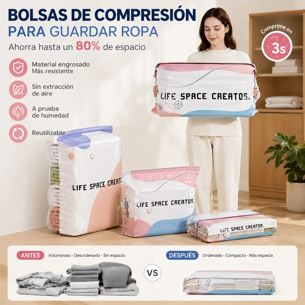👕📦【5 piezas29 euros】Bolsas de compresión para guardar ropa, no requieren vacío, diseño reforzado.