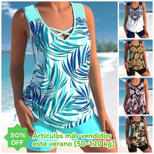 🔥【S-5XL】🩱【Top + Pantalones】Traje de baño de dos piezas con estampado étnico 🌊