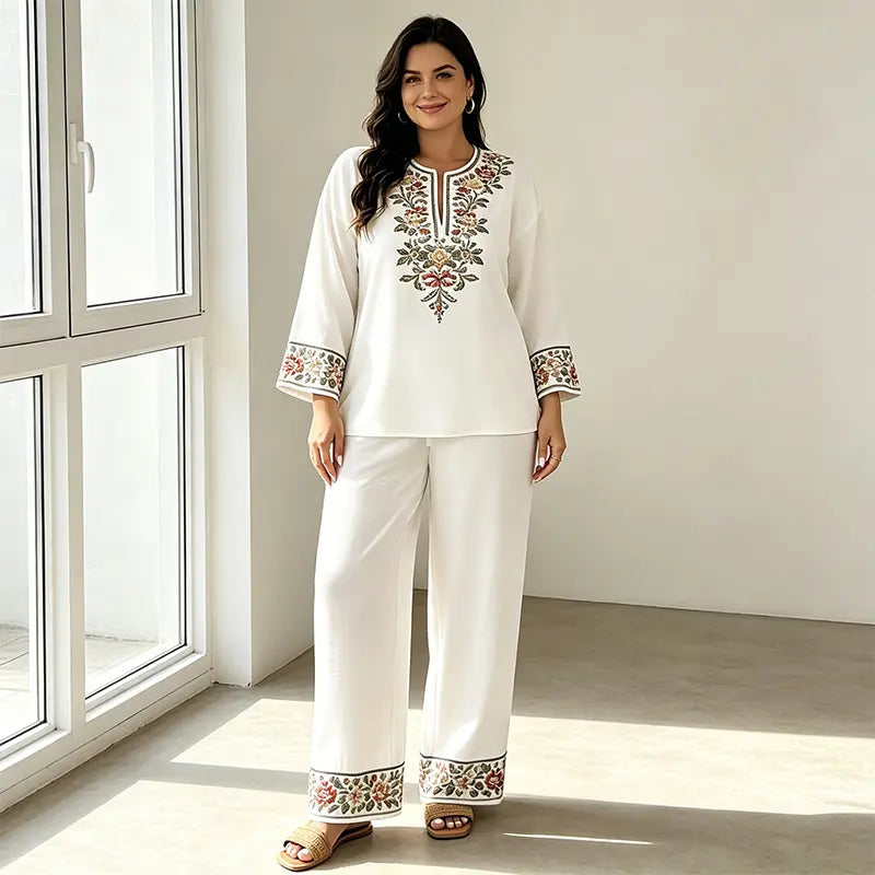 Conjunto de verano de dos piezas para mujer, confeccionado en lino: top holgado estampado y pantalón de pierna ancha, elaborados con un tejido suave, transpirable y agradable para la piel.