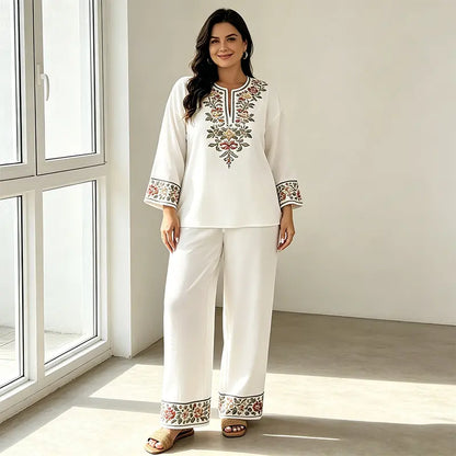 Conjunto de verano de dos piezas para mujer, confeccionado en lino: top holgado estampado y pantalón de pierna ancha, elaborados con un tejido suave, transpirable y agradable para la piel.