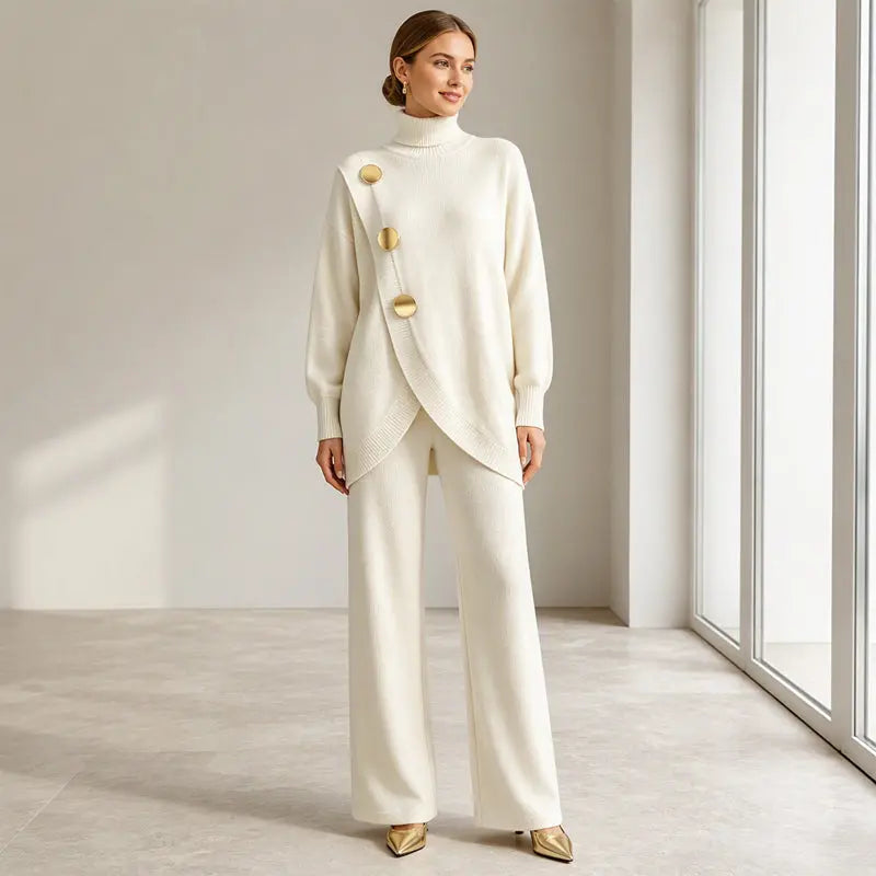 ✨🔥 A mitad de precio + Envío gratis 🚚💕 Elegante conjunto para mujer: top de cuello alto y pantalón de pierna ancha — Cómodo y con estilo 👗