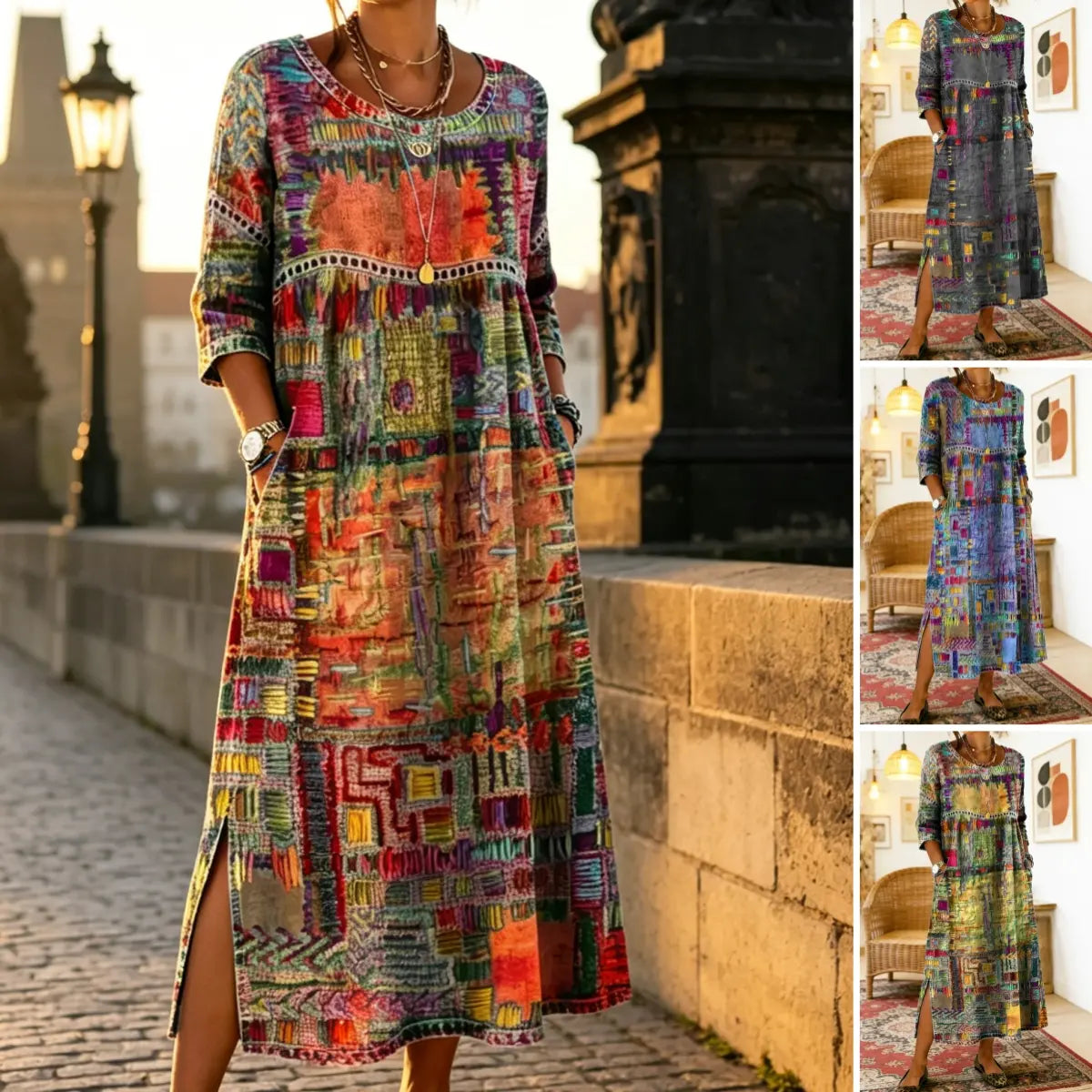 Manuela | Vestido Maxi Bohemio con Estampado de Patchwork Étnico