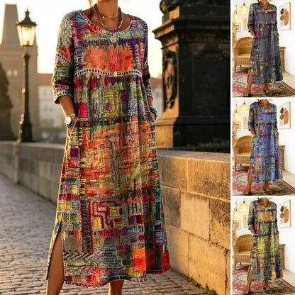 Manuela | Vestido Maxi Bohemio con Estampado de Patchwork Étnico