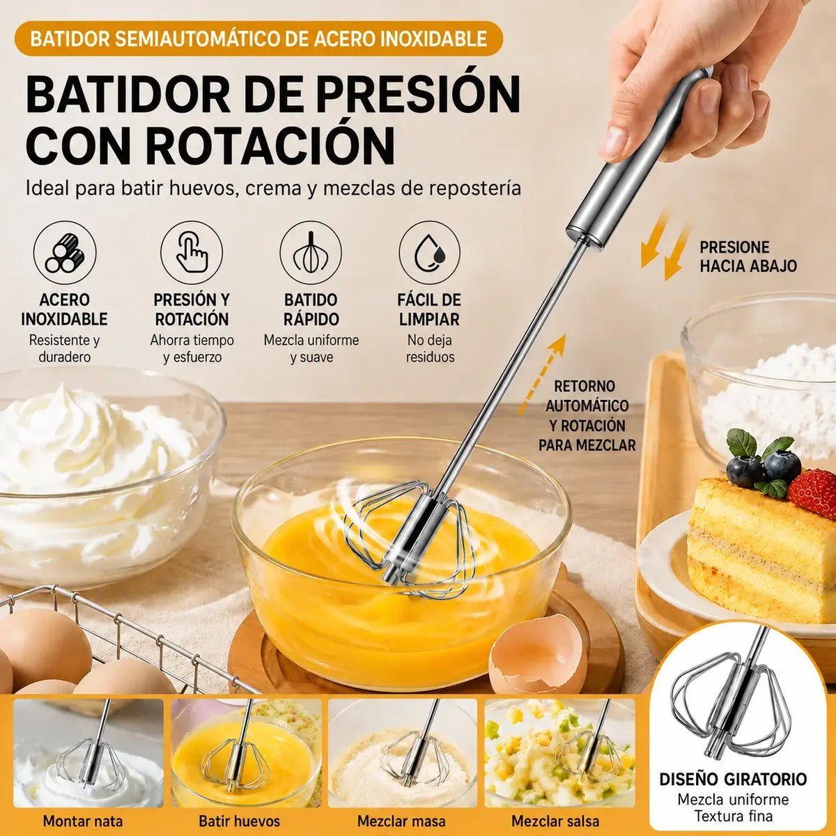 🥚 Compra 1 y llévate 1 GRATIS | Batidor semiautomático de acero inoxidable con sistema de presión y rotación