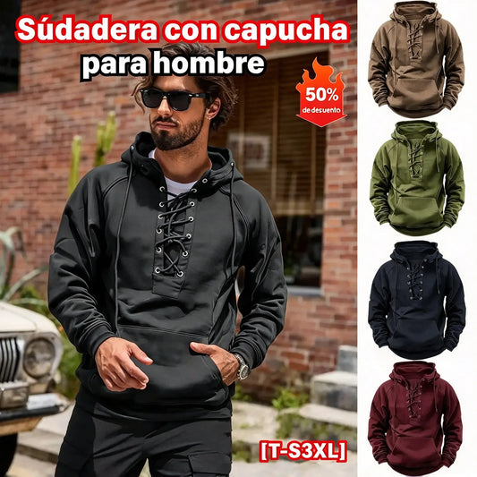 💥【S-3XL】Nueva sudadera vintage para hombre con cordón y multibolsillos — Pulóver de corte holgado y tallas grandes
