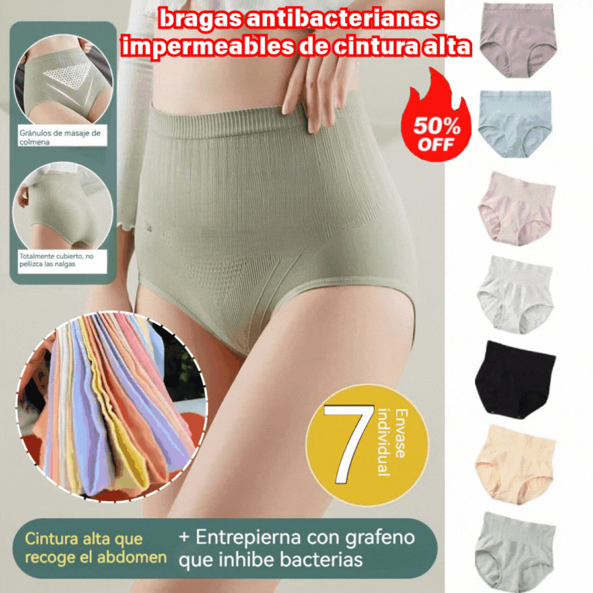 Último día con 50 % de descuento:【7 piezas】 bragas antibacterianas impermeables de cintura alta