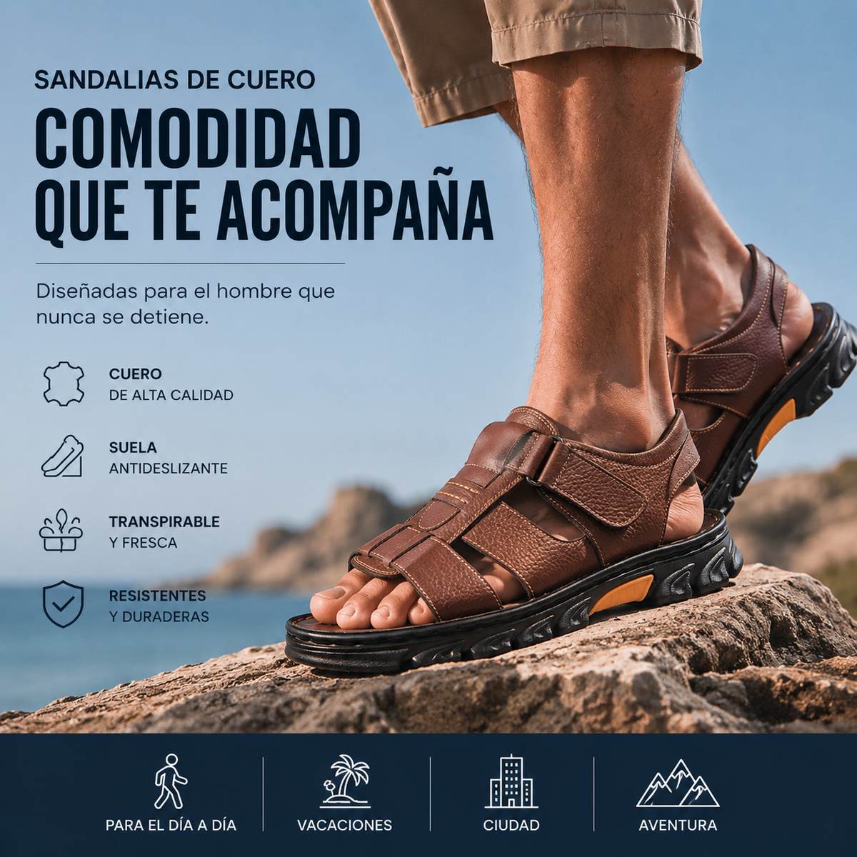 🔥👟 (50%OFF)【Tamaño 38 ~ 44】 Sandalias de playa antideslizantes de cuero suave hechas a mano para hombres