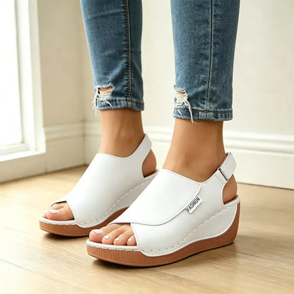 [Tallas 36–43] Sandalias de cuña de piel auténtica para mujer – suela suave – soporte para el arco