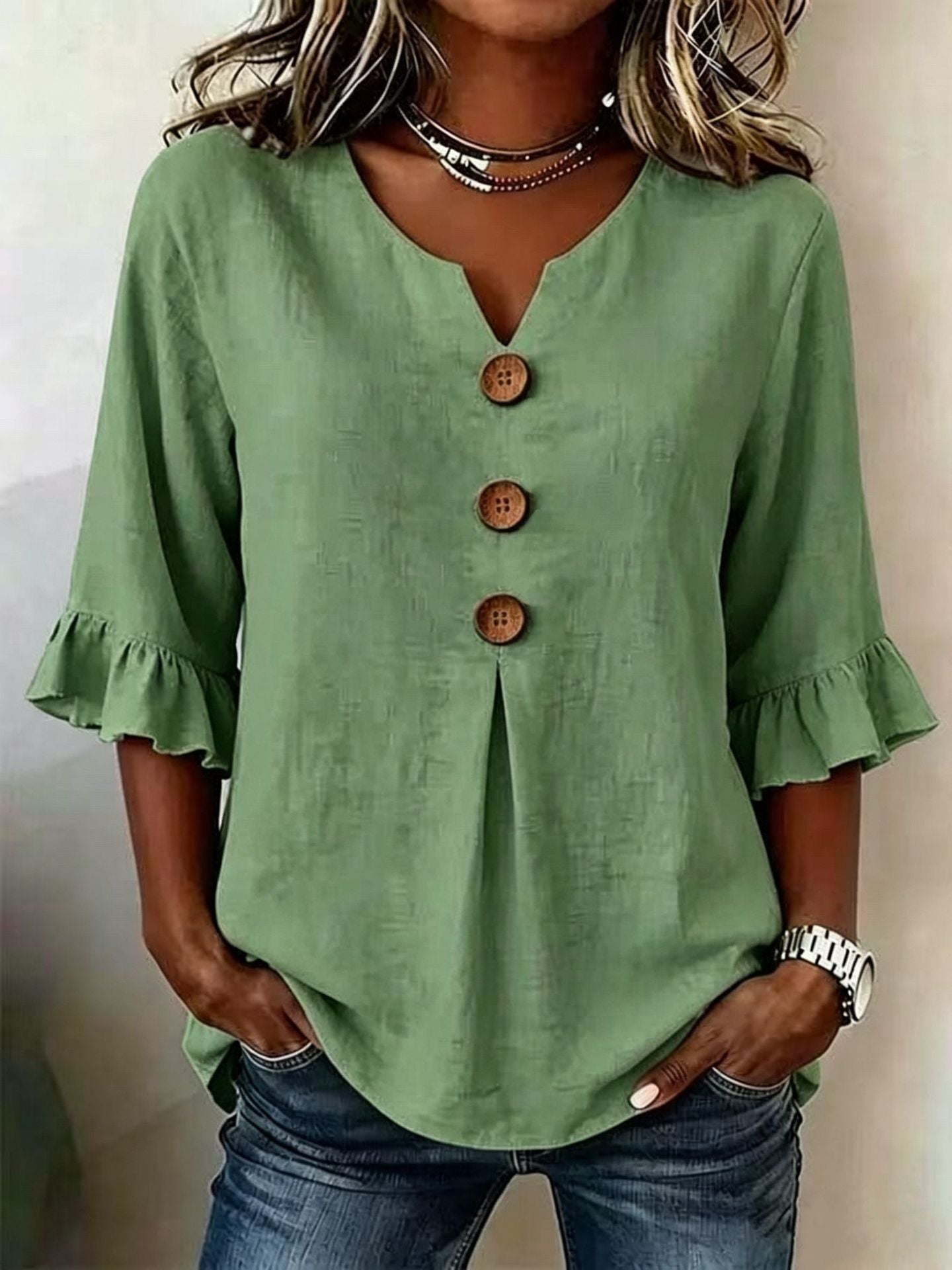 [S-3XL] Nueva camisa de mujer con cuello en V y volantes, mezcla de algodón y lino, con botones: sencilla y elegante.