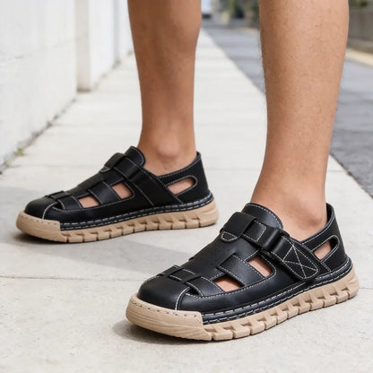 【39-45】👞Sandalias casuales antideslizantes de cuero genuino transpirables con diseño calado para hombre, colección verano 2026