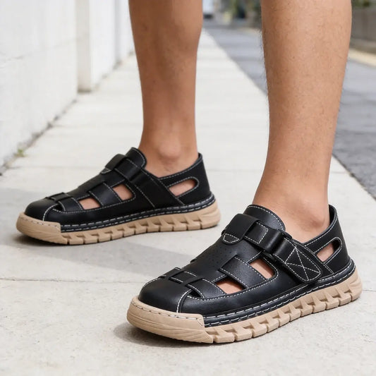 【39-45】👞Sandalias casuales antideslizantes de cuero genuino transpirables con diseño calado para hombre, colección verano 2026