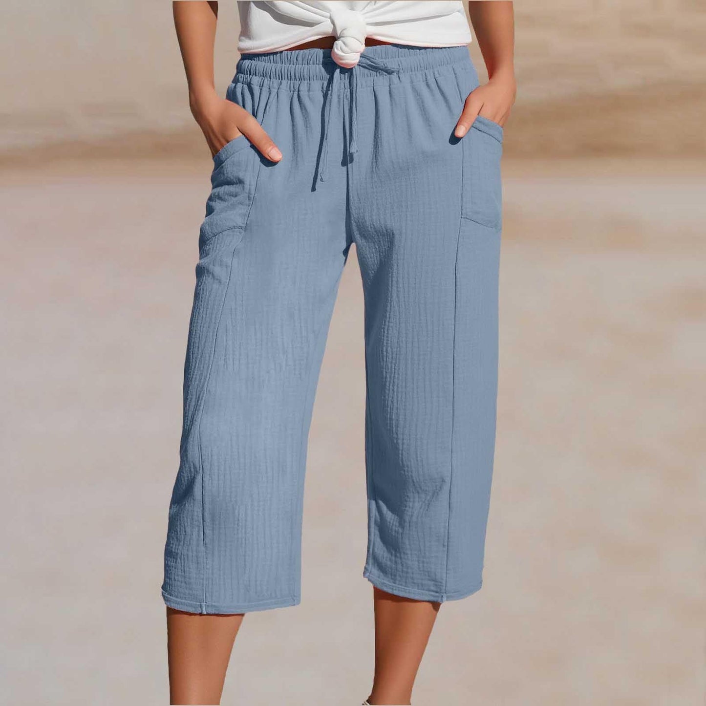🌸【S-3XL】Dámské jednobarevné skládané zkrácené kalhoty z bavlny a lnu