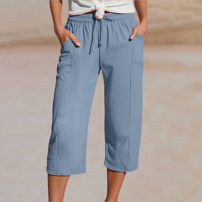 🌸【S-3XL】Dámské jednobarevné skládané zkrácené kalhoty z bavlny a lnu