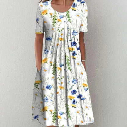 👗【40-120KG】Vestido de moda de verano con cuello redondo y estampado, transpirable, cómodo y que estiliza la figura.
