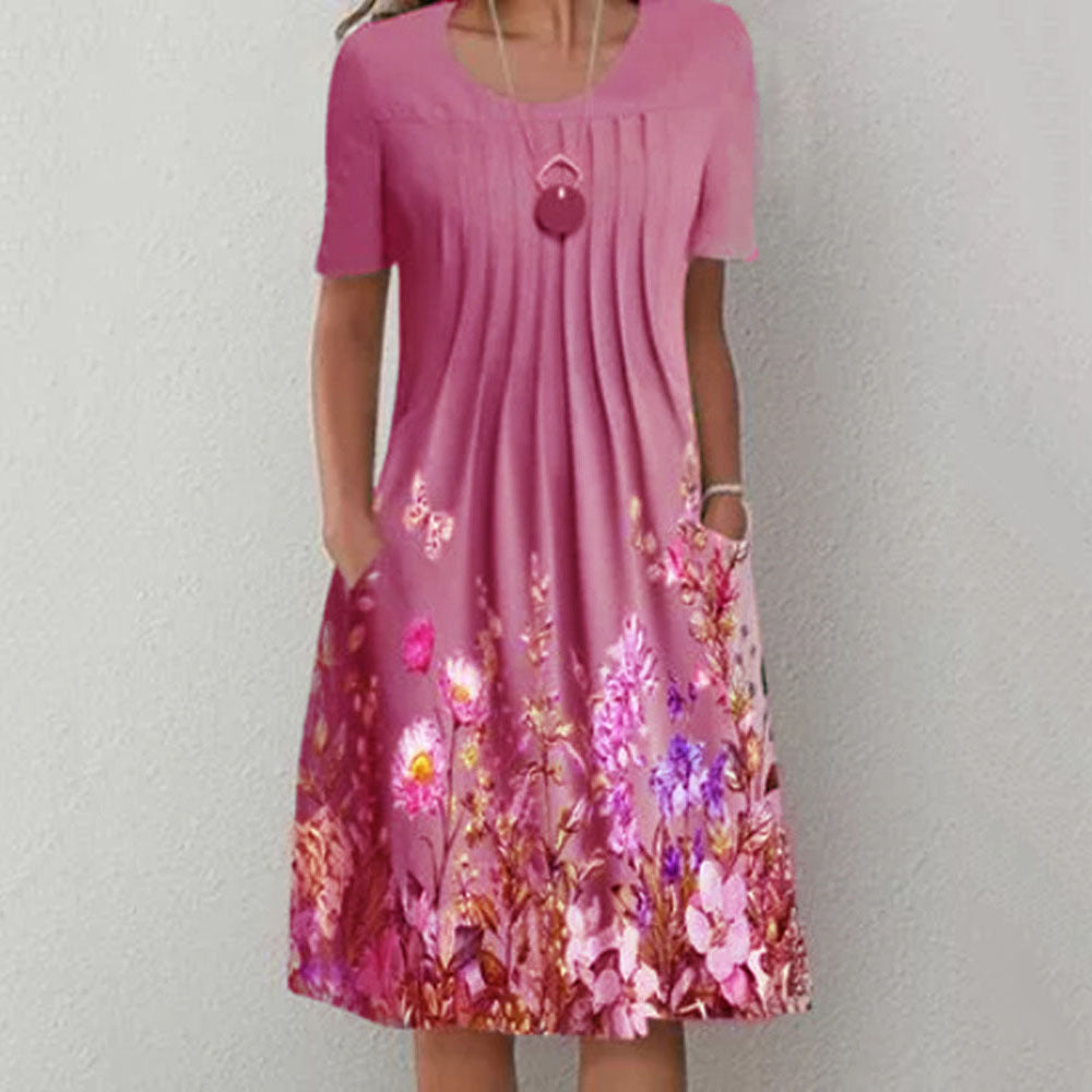 👗【40-120KG】Vestido de moda de verano con cuello redondo y estampado, transpirable, cómodo y que estiliza la figura.